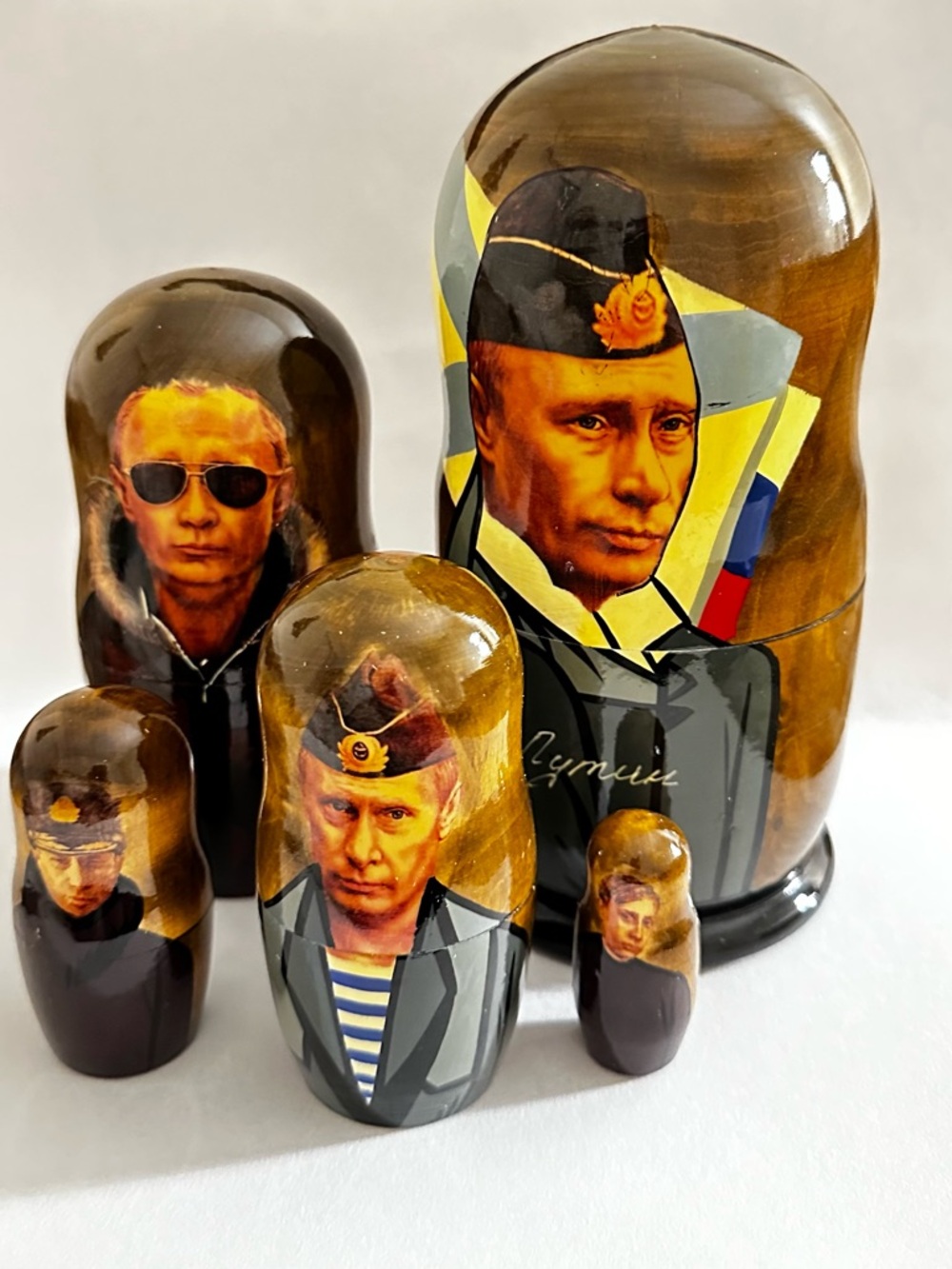 Hand-Painted Brown and Yellow Wood Nesting Dolls - Decorative Home Art